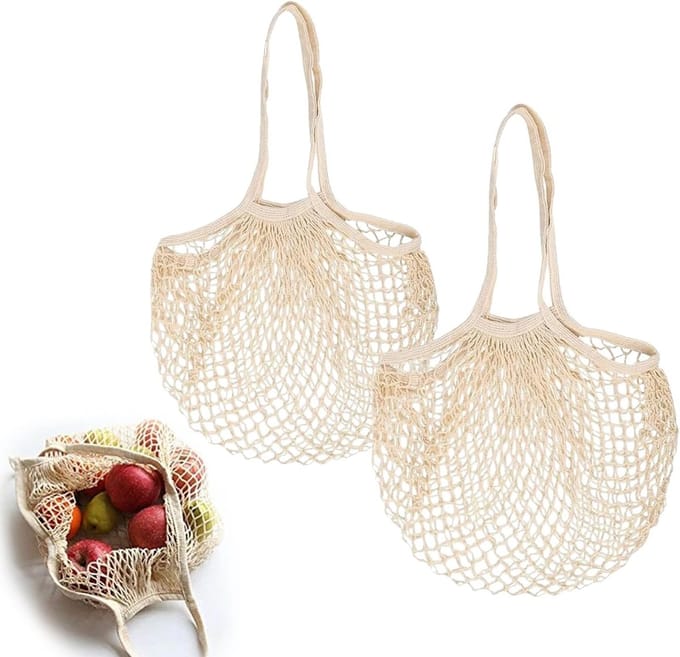 Herbruikbare Katoenen Nettas voor Strand, Fruit en Groenten - Set van 2, Lange Handgreep, Beige