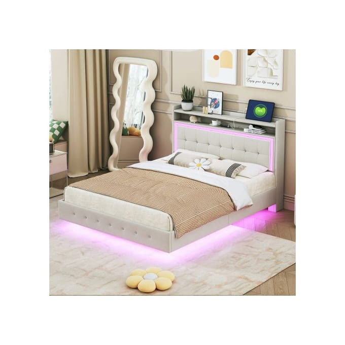 Lit rembourré - MUVOE - 140x200 cm - Prise USB - Éclairage LED - Tissu lin beige beige