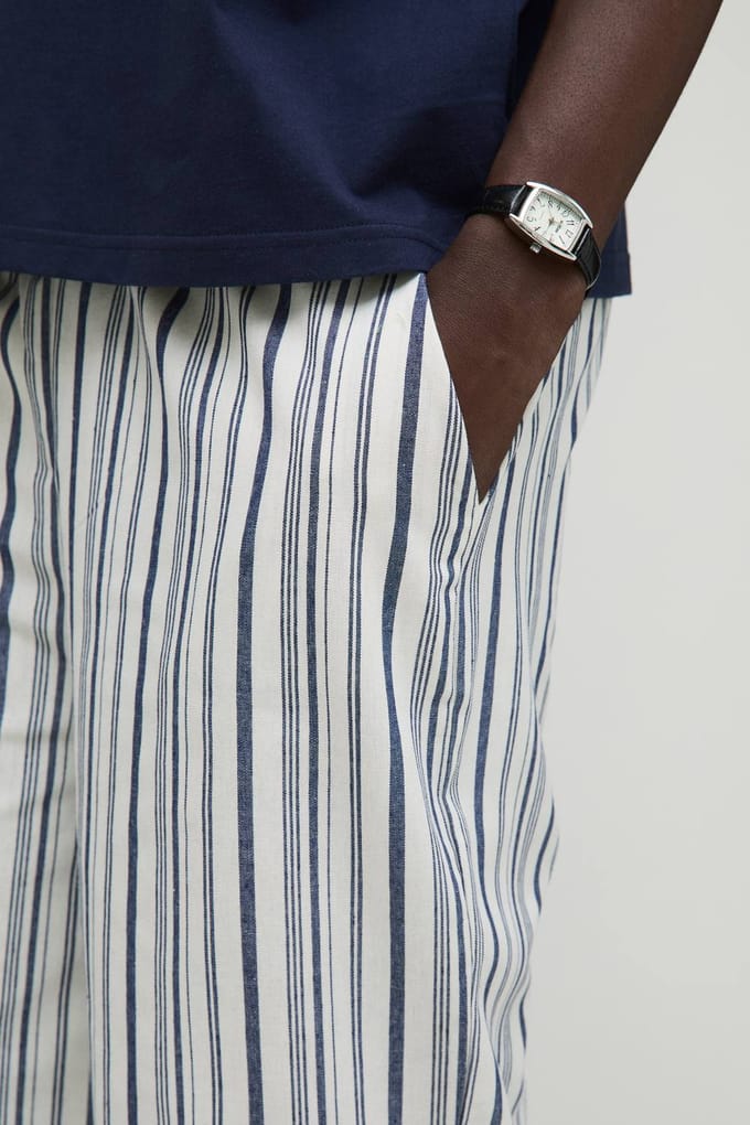 Elastische Taille Relaxte Gestreepte Broeken met Linnen Look Trousers | Blue | Size Small