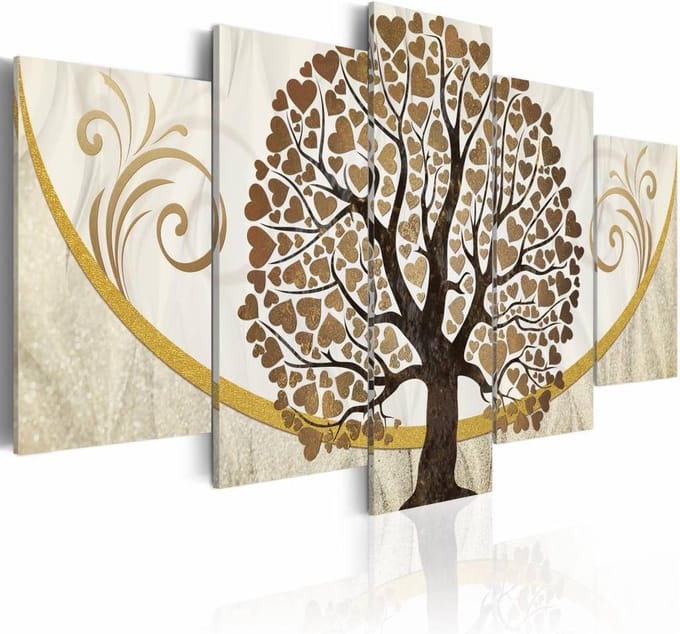 Schilderij - In het land van de liefde, Beige/Goud,   5luik