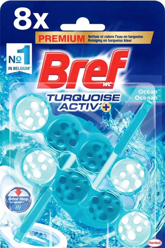 8 x Bref WC - Turquoise Activ+ - Toiletblok - Oceaan - 2 Blokken