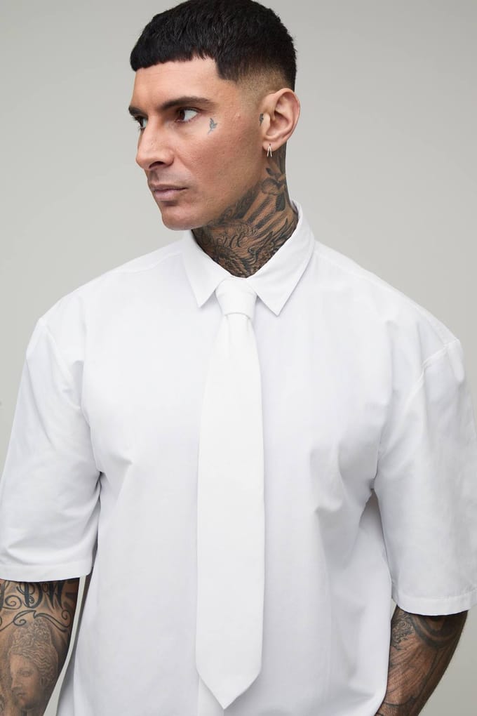 Oversized Boxy Shirt Met Halve Mouw En Stropdas | White | Size Medium