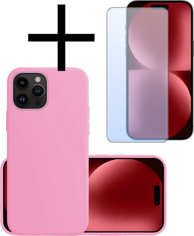 Hoesje - Met Screenprotector - Geschikt voor Apple iPhone 15 Pro Max - Sterk & Shockproof - Back Cover - Siliconen Case - Telefoon Hoes - Lichtroze