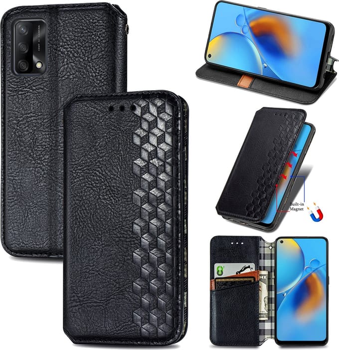 Luxe PU Lederen Ruitpatroon Wallet Case + PMMA Screenprotector voor OPPO A74 4G _ Zwart