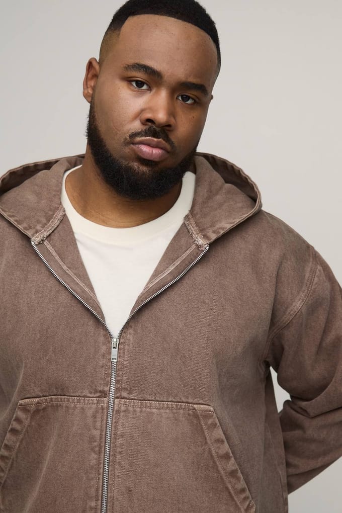 Plus Getint Gewassen Denim Oversized Hoodie Met Rits | Brown | Size 3XL
