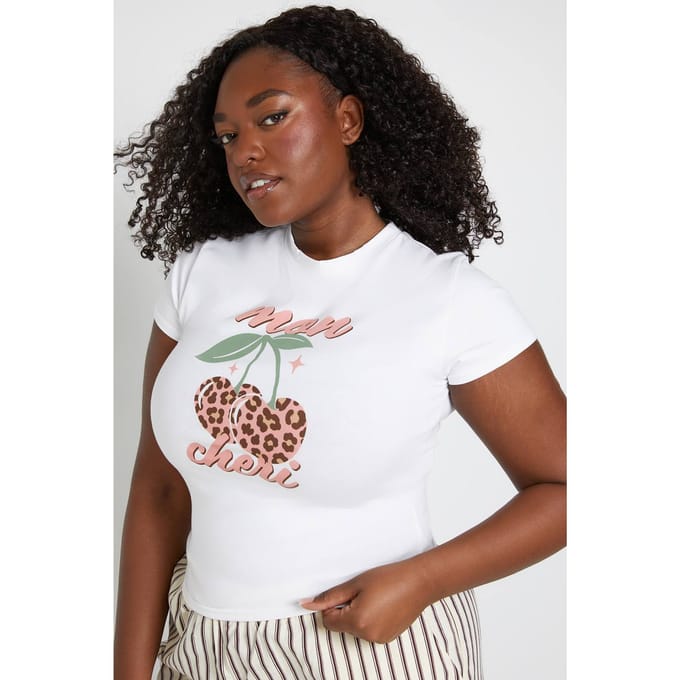 boohoo Dames Plus Mon Cheri Print Baby Tee | Wit | Maat: 48