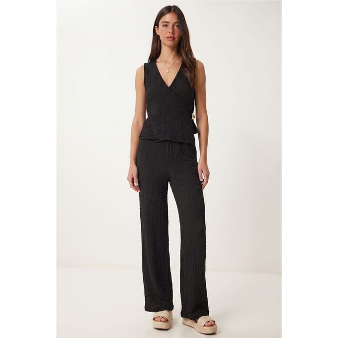 Gestructureerde V-hals Hoge Taille Co-Ord Set met Wijde Pijpenbroek