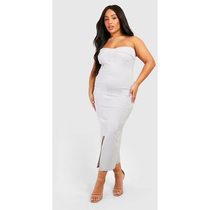 boohoo Dames Plus Bengaline Bandeau Utility Midaxi Jurk | ijsgrijs | Maat: 52