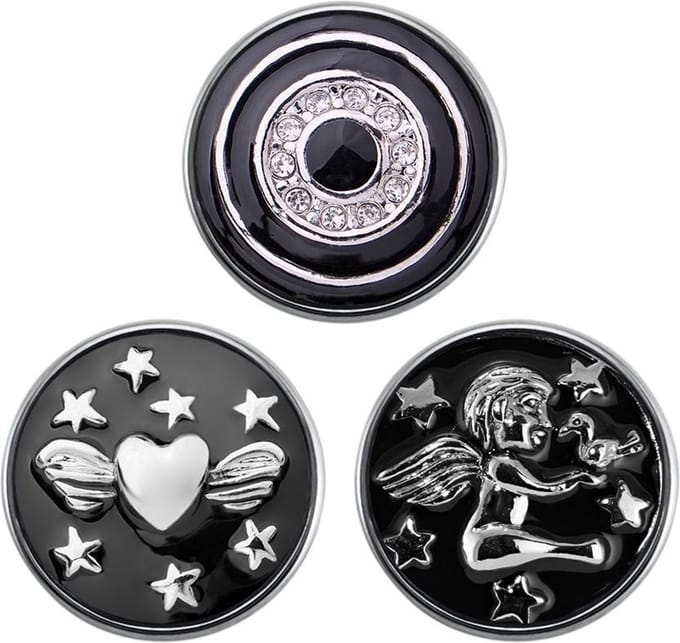 Quiges - Chunk 18mm Click Button Drukknoop Set van 3 Stuks Liefde Zwart met Zirkonia & Engel - EBCMSET018