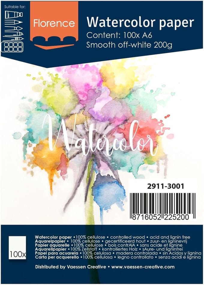 Aquarelpapier - Off White - A6 - 200 grams - Gladde Structuur - Smooth - Florence - 100 vellen