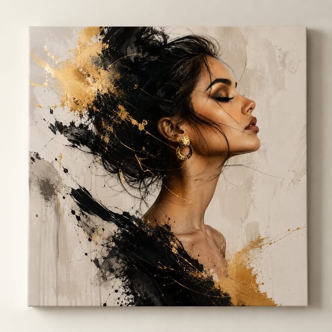 Canvassi - Canvas Doek - Veloura Noir – Luxe Abstracte Vrouw Canvas (Zwart & Goud) - L x B 80 x 80 cm