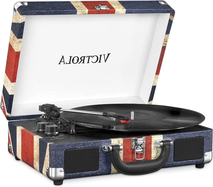 Draagbare Vintage Koffer Draaitafel Vinyl BT Flag UK