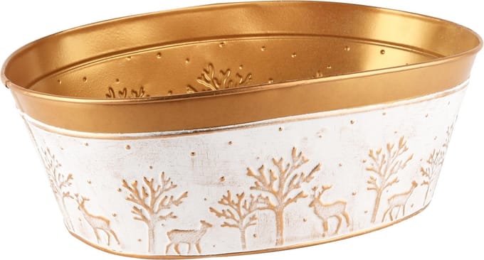 Dekoratief | Bakje ovaal 'Forest Deer', wit/goud, metaal, 29x22x10cm | A245195