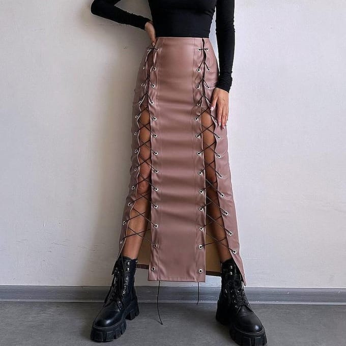 Dames Lente PU Leer Sexy Effen Kleur Split Vetersluiting Heup Rok Slimme Rok XL gray