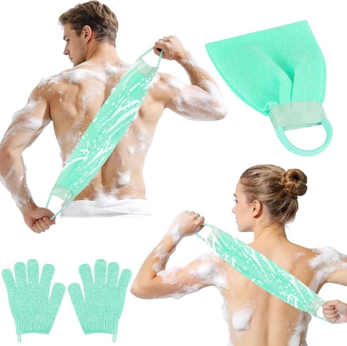 SnelShoppen - Peeling Glove Back Rubber Set - Scrub Handschoen + Bamboevezel Scrub Spons - Dode Huid Verwijderaar - Groene Douche Set voor Het Lichaam