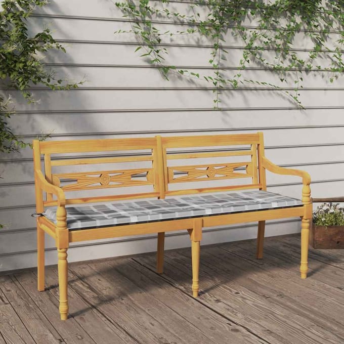 vidaXL - Bankje - Batavia - met - ruitpatroon - kussen - 150 - cm - massief - teakhout