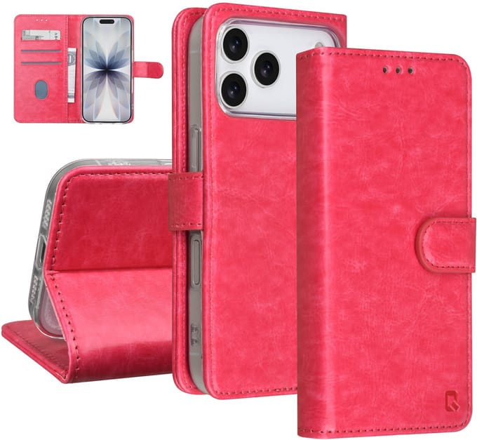 TUNIQ Book type case - iPhone 17 Pro - Hot Pink - Kaarthouder voor 3 kaarten - Magnetische sluiting