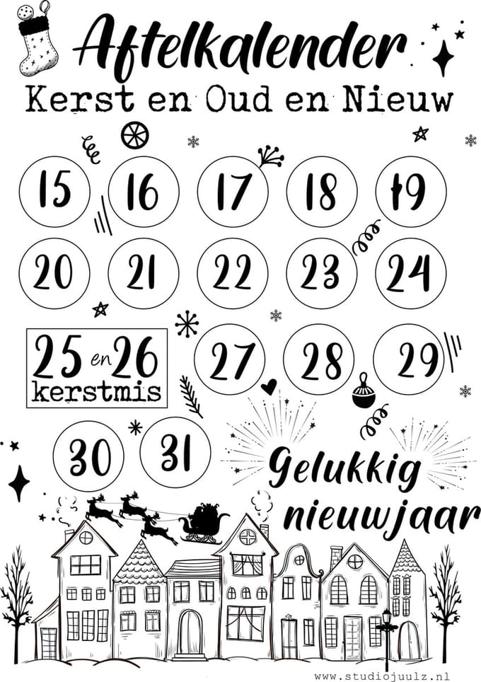 Aftelkalender Kerst en Oud & Nieuw - A4 - zwart wit - Studio Juulz