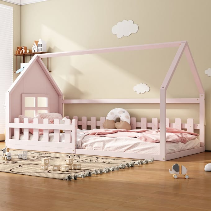 Kinderbed 90x200 - Platformbed met Huishek - Hout - Roze