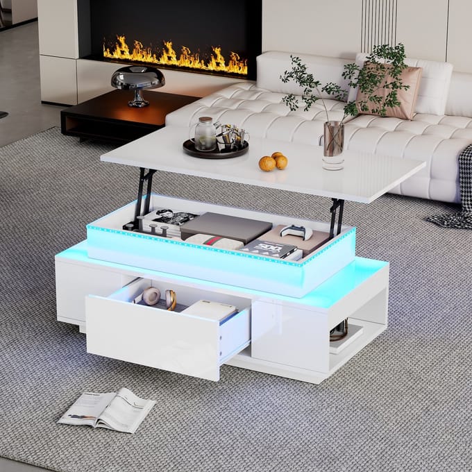 PHOEBE CAT Salontafel - Verstelbaar tafelblad - Met lade - Hoogglans - LED-verlichting - Wit