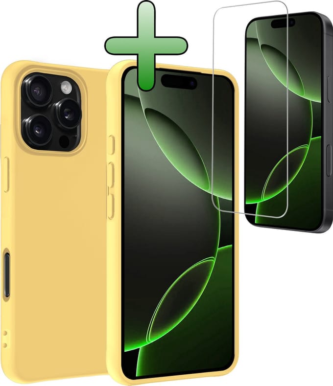 Hoesje Met Screenprotector - Geschikt voor Apple iPhone 16 Pro Max - Sterk & Shockproof - Back Cover - Siliconen Case - Telefoon Hoes - Geel