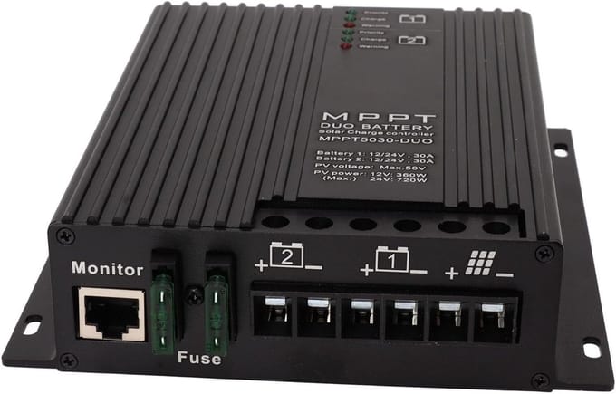 Zonne Laadregelaar - Batterij Controller - Energie Beheer - MPPT Technologie - Dubbele Batterij - Aluminium