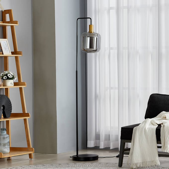 Lindby - vloerlamp - 1licht - Metaal, glas - H: 150 cm - E27 - zwart, goud, rook