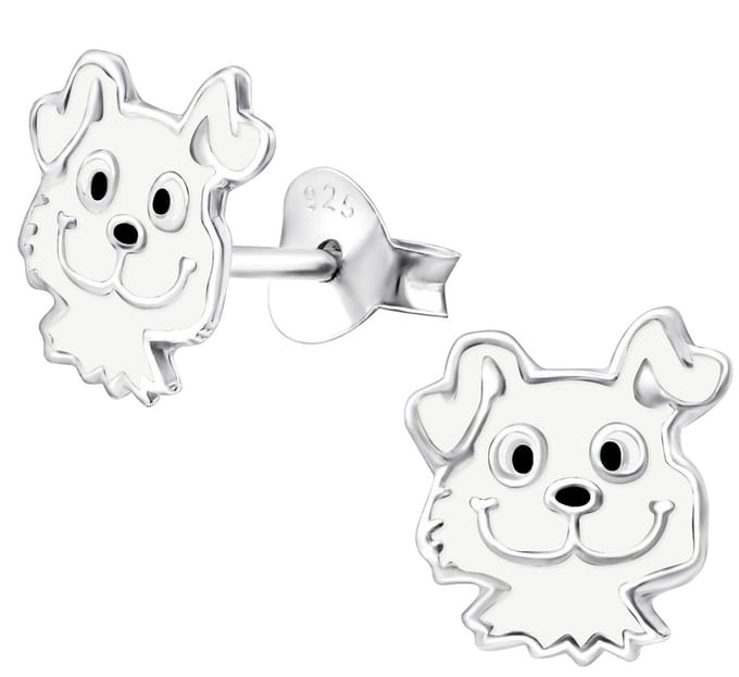 Joy|S - Zilveren hond oorbellen - 8 x 9 mm - wit - kinderoorbellen - vrolijk hondje - sterling zilver 925