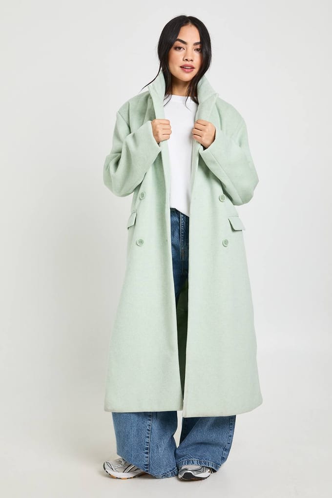 boohoo Dames Maxi Wollen Look Jas | Munt | Maat: 36