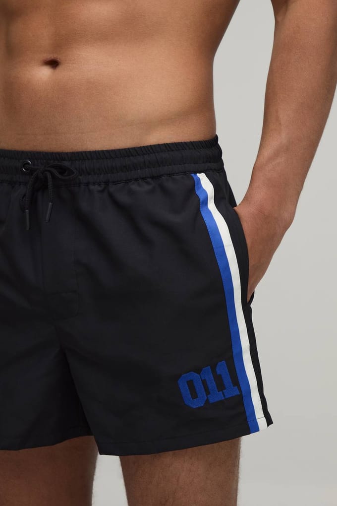 Side Stripe Panelled Applique Short Length Swim Short | Black | Size Medium