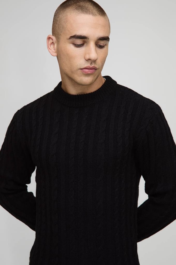 Essential Muscle Fit Cable Knitted Jumper | Black | Size Medium