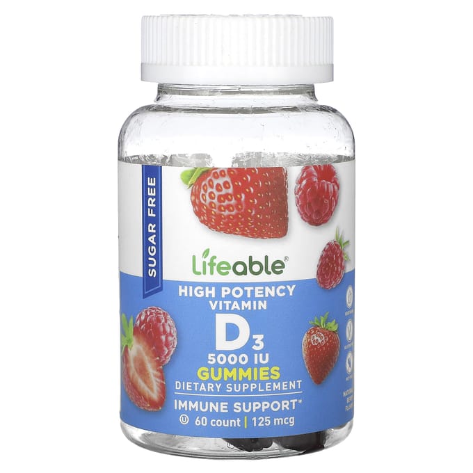 Lifeable, gommes de vitamine D3 à haute puissance, sans sucre, baie naturelle, 125 mcg (5 000 UI), 60 bonbons
