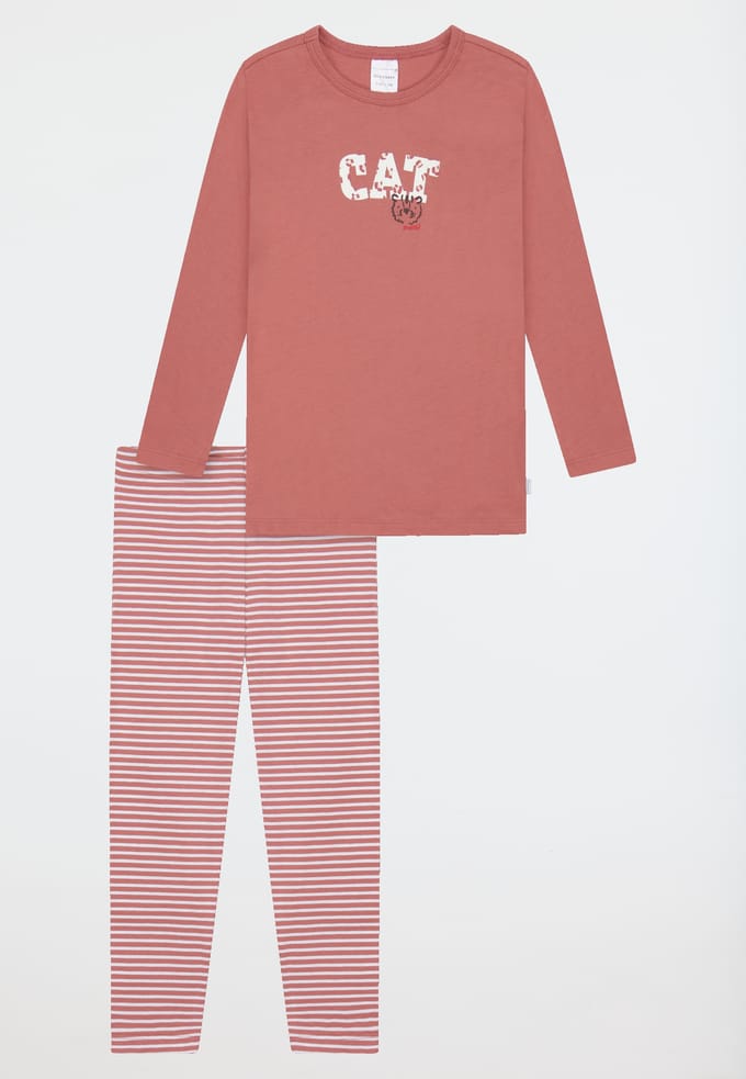 Pyjama lange interlock legging kat streepjes oudroze - Kids Nightwear 92