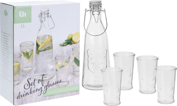 Glazen karaf (1000ML) met 4 glazen (250ml)