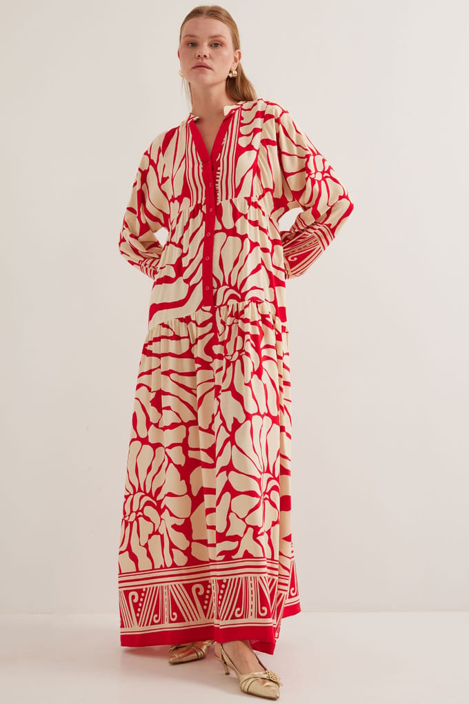 Geprinte V-hals Maxi-jurk