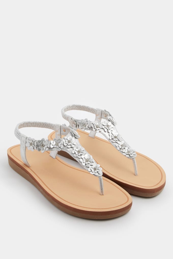 Yours Zilveren Sandalen Met Bloemdetails En Strass In Brede Epasvormsize 42E