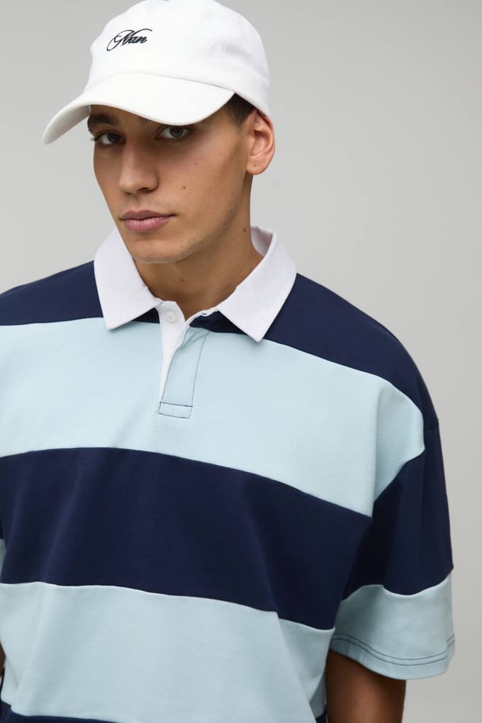 Oversized Gekrompen Gestreepte Interlock Korte Mouw Rugby Polo | Blue | Size Large