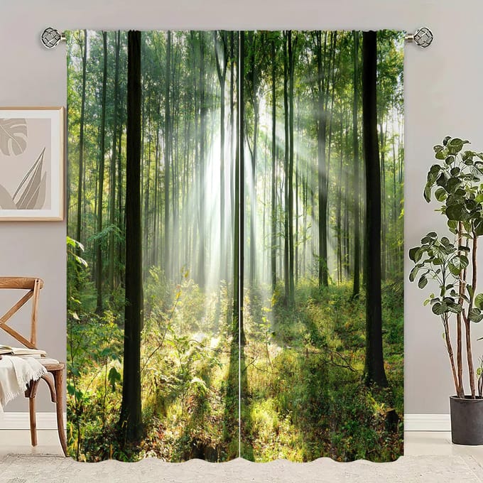 2 pièces - Rideau imprimé forêt - Matière polyester - Convient pour chambre, salon, bureau, espace privé 42X84inch