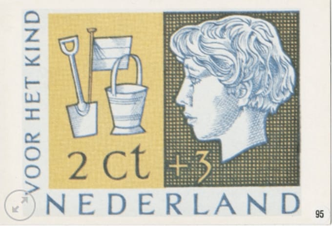Briefkaart met afbeelding meisjeskopje met emmer postzegel