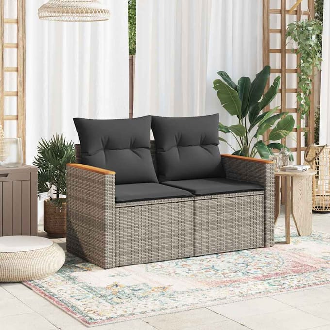 vidaXL - Tuinbank - 2-zits - met - kussens - poly - rattan - grijs