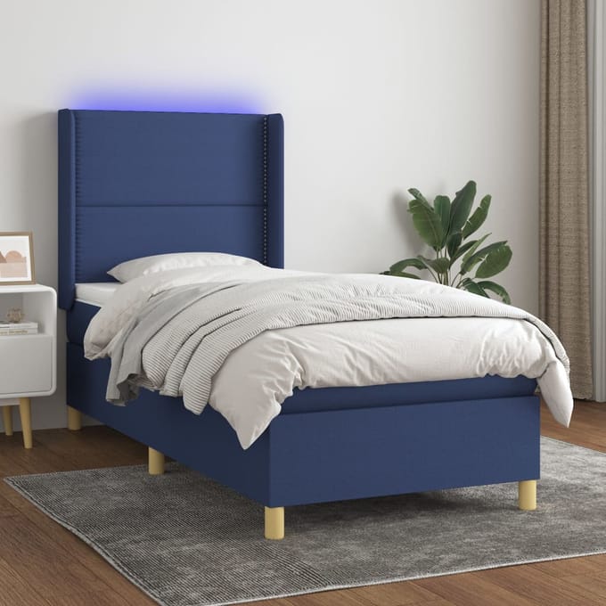vidaXL - Boxspring - met - matras - en - LED - stof - blauw - 90x190 - cm