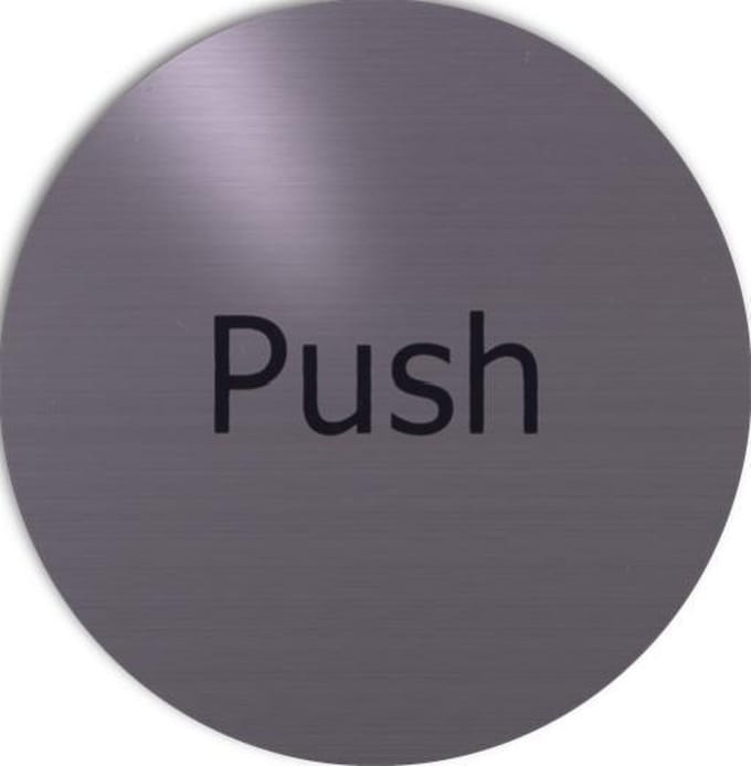 RVS deurbordje Engelse tekst duwen: Push | 5 jaar garantie | ROND 82mm Ø | Zelfklevend | Plakstrip