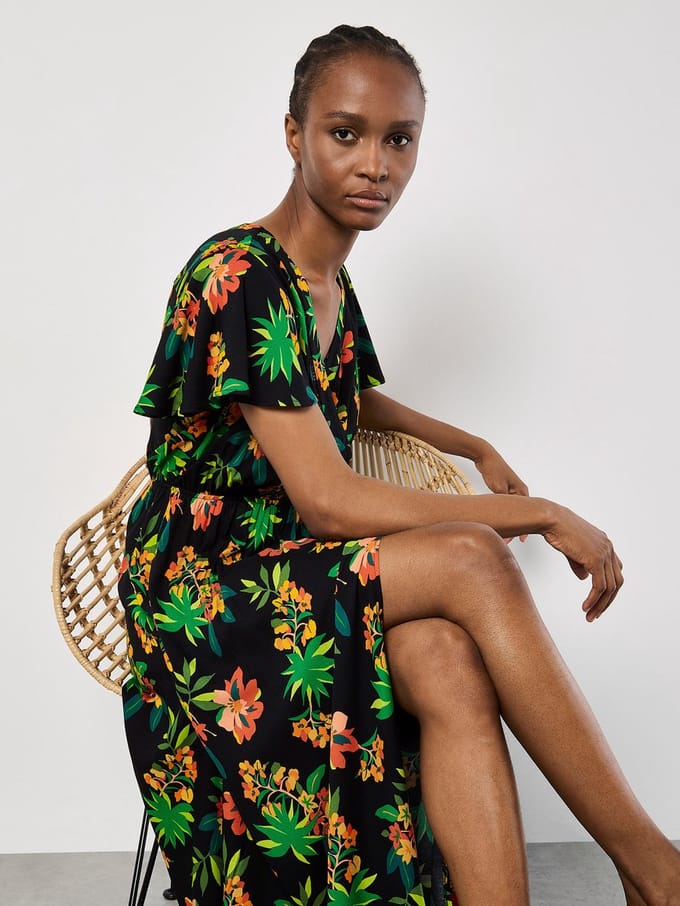 Tropical Print Wrap Maxi Dress