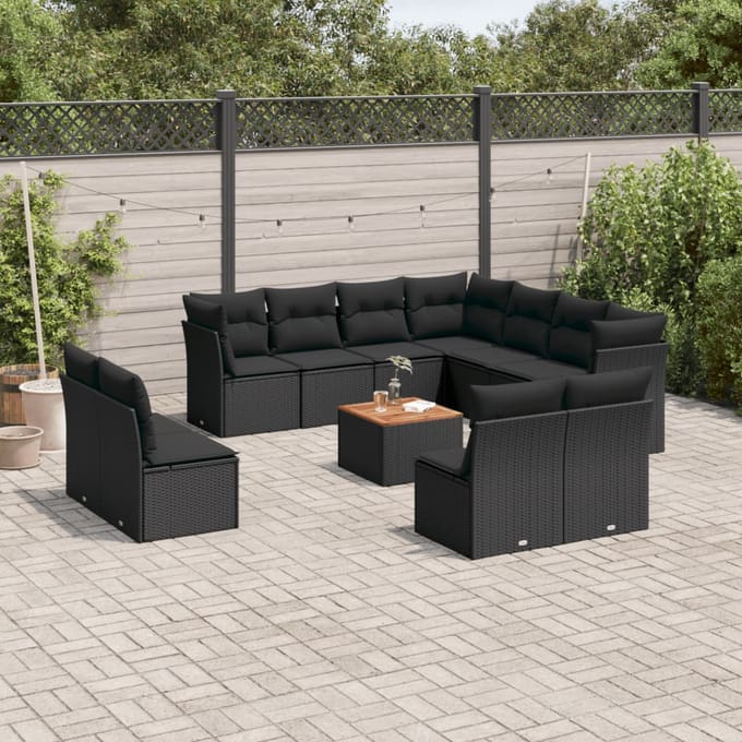 vidaXL - 12-delige - Loungeset - met - kussens - poly - rattan - zwart