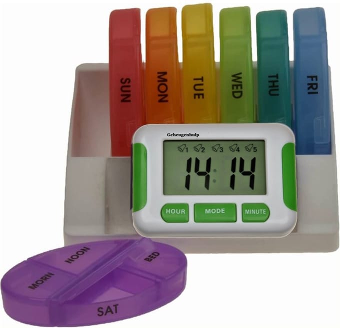 Medicijnweeklader- timer 5 alarmen- 7 kleuren medicijndoosjes