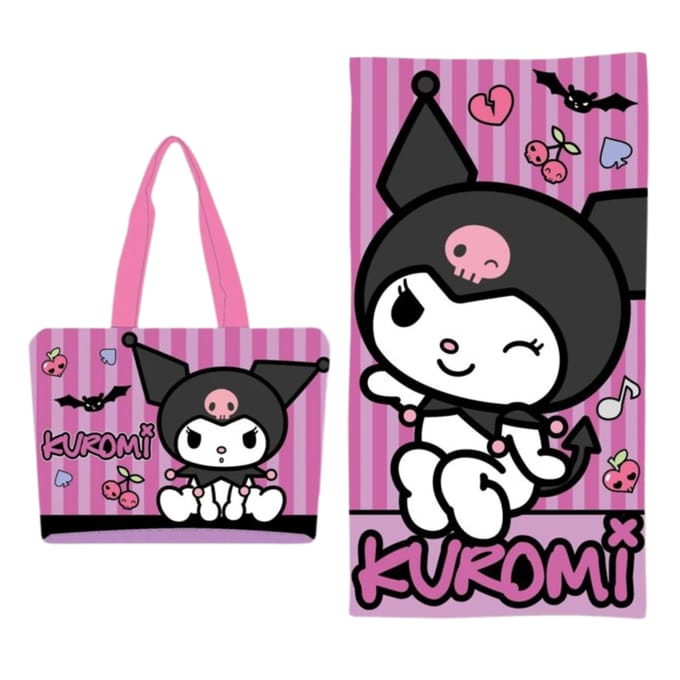 Kuromi strandset; strandlaken en strandtas