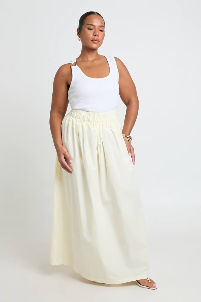 boohoo Dames Plus Katoenen Geplooide Maxi Rok | Lemon | Maat: 22