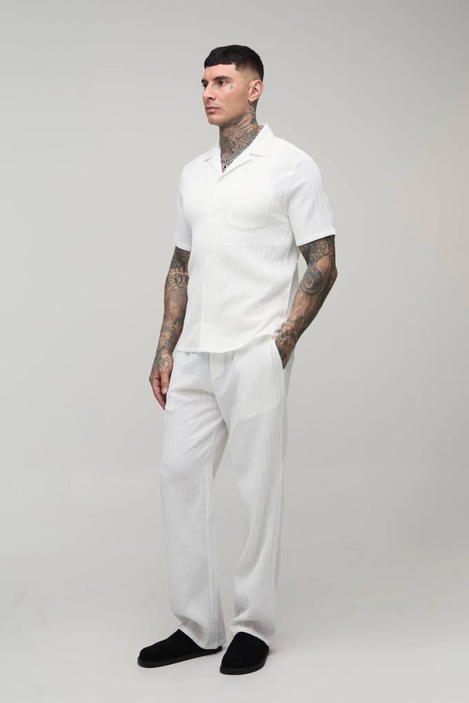 Tall Regular Fit Overhemd Met Korte Mouwen En Onregelmatige Plooien En Ontspannen Broek Set | White | Size Medium