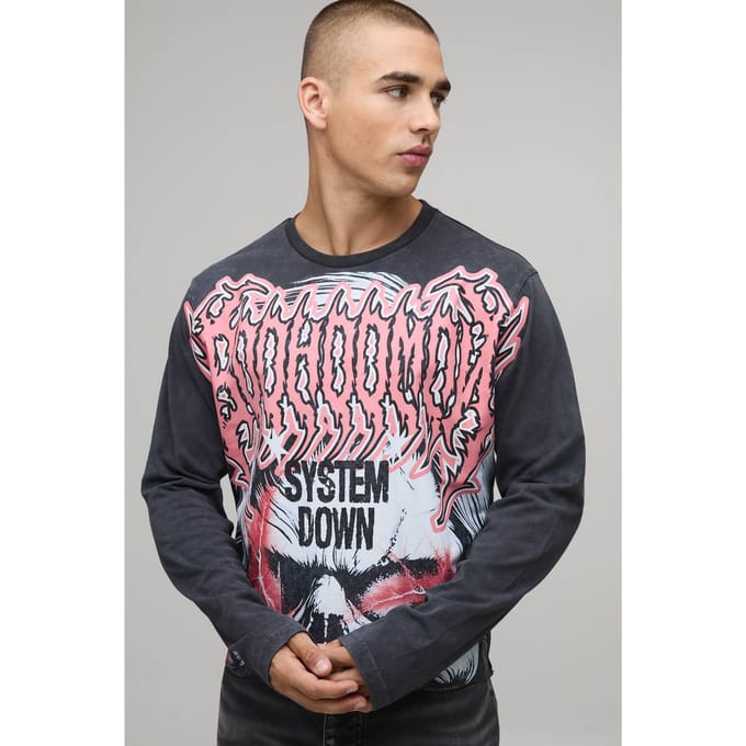 Gekrompen Gewassen Gothic Over Naden Grafisch Lange Mouw T-Shirt | Charcoal | Size Medium