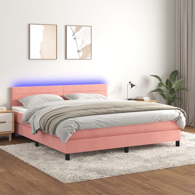 vidaXL - Boxspring - met - matras - en - LED - fluweel - roze - 160x200 - cm